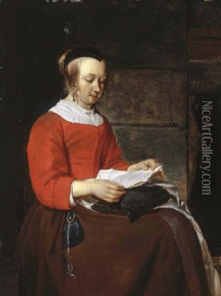 A Young Woman Seated In An Interior, Reading A Letter Oil Painting - Gabriel Metsu