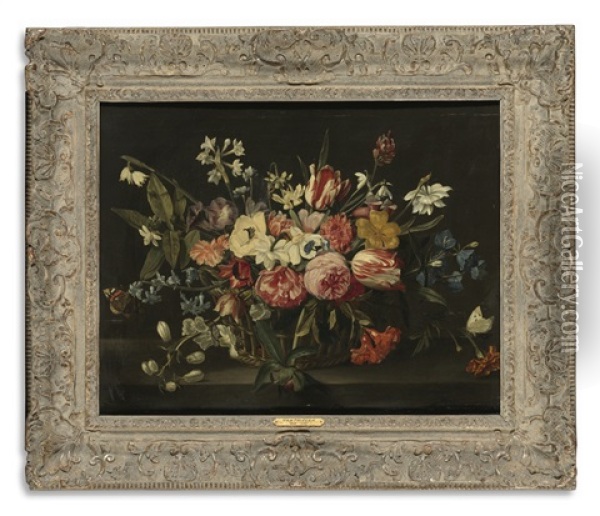 Still Life Of Flowers In A Basket Oil Painting - Jan Philip van Thielen