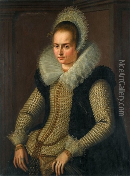 Portrait Of A Lady, Half Length, Wearing A Black And Gold Dress With A Broad White Lace Collar Oil Painting - Hieronymus Van Kessel