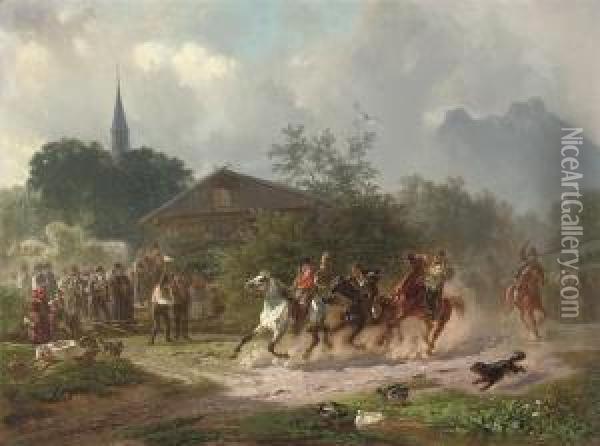 The Village Horserace Oil Painting - Julius Noerr