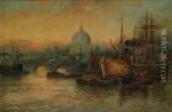 A Busy Thames Scene With St Paul's Beyond; And Shipping On The Thames Oil Painting - William Langley
