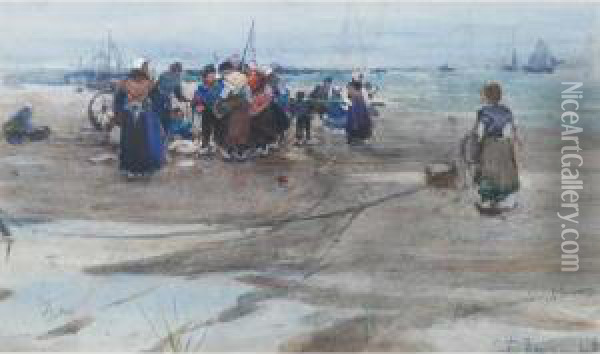 'study' Dutch Beach Scene With Fisher Folk Oil Painting - Cath Townsend Warner