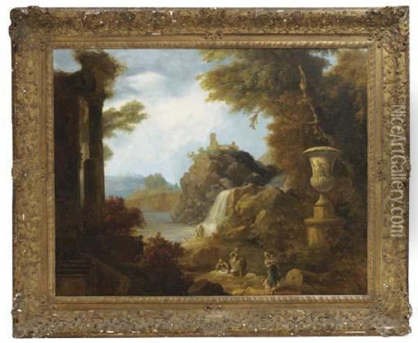 An Architectural Capriccio In A Landscape With Washerwomen By A River Oil Painting - Claude-joseph Vernet