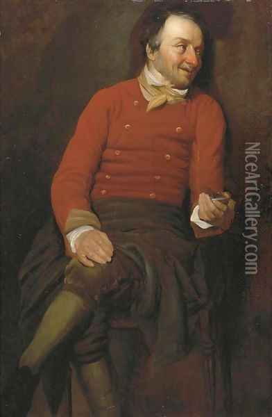 A study of a man, in a red vest, holding a snuff box in his left hand Oil Painting - Julius Henricus Quinkhard