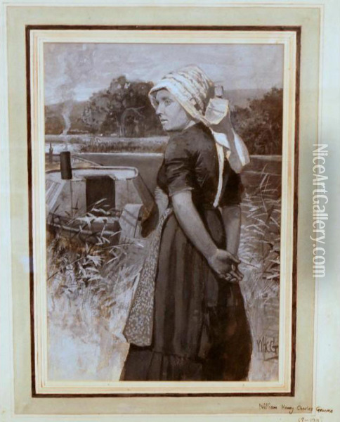 Early 2thc School Watercolour Flemish Woman Beside A Barge, Signed William Henry Charles Groome, Died 1913 Oil Painting - William Henry Charles Groome