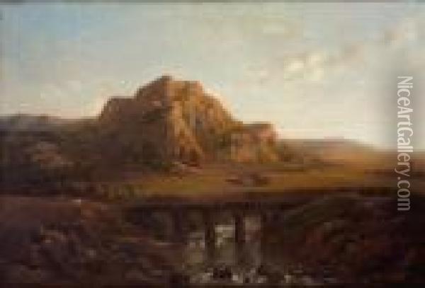 Paesaggio Con Montagne, Acquedotto E Viandanti Oil Painting - Anthonie Sminck Pitloo