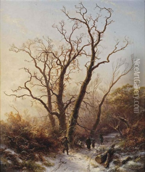 Gathering Wood On A Cold Wintersday Oil Painting - Pieter Lodewijk Francisco Kluyver