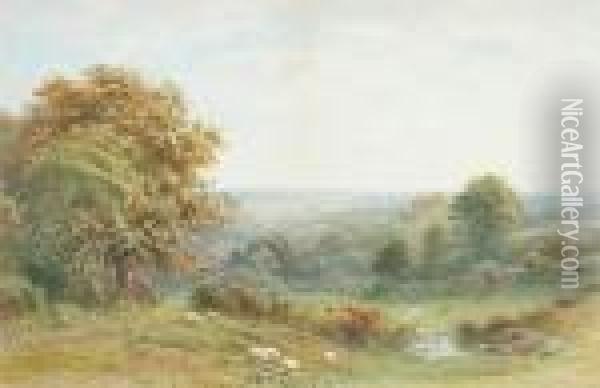 Sheep Grazing In An Extensive Landscape Oil Painting - Roberto Angelo Kittermaster Marshall