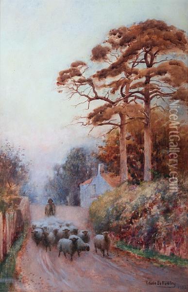 A Sheep Farmer Herding On A Countrypath Oil Painting - Edwin Bottomley