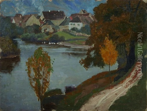 Dorflandschaft Am See In Der Oberpfalz Oil Painting - Carl (Karl, Charles) O'Lynch of Town