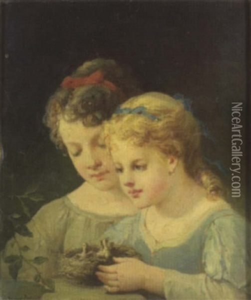 Deux Petites Filles Decouvrant Un Nid D'oisillons Oil Painting - Francois-Louis Lanfant