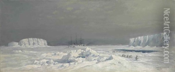 A Ship, Probably The Gauss, Trapped In Pack-ice In The Antarctic Oil Painting - Heinrich Harder