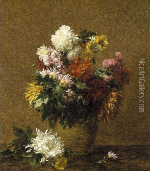 Grand Bouquet De Chrysanthemes Oil Painting - Ignace Henri Jean Fantin-Latour