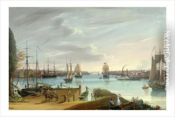 Vue Du Port De Boston Avec La Navette A Vapeur Boston-providence 'le Narrangasett' Oil Painting - Nicolino Calyo