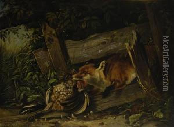 Fuchs Mit Erlegtem Hahn Oil Painting - Willibald Wex