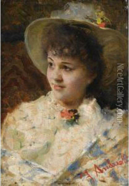 Girl In A Straw Hat Oil Painting - Federico Andreotti