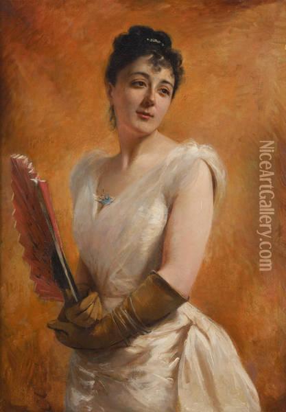 Elegante A L'eventail Oil Painting - Marthe De Peslouan
