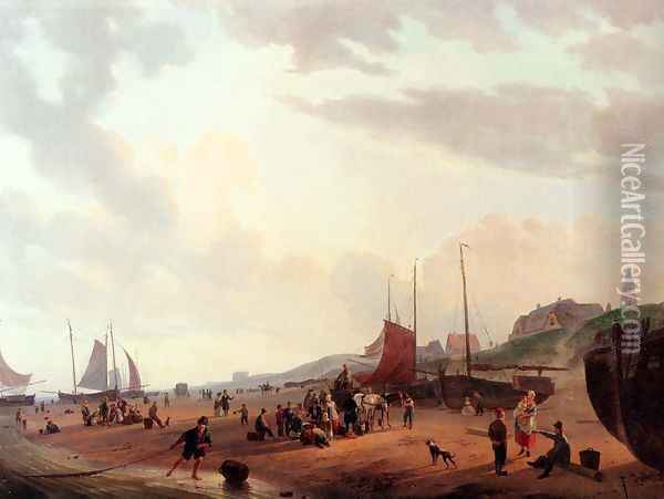 Fisherfolk And Townsfolk On Scheveningen Beach In The Afternoon Oil Painting - Abraham Johannes Couwenberg, Jzn.