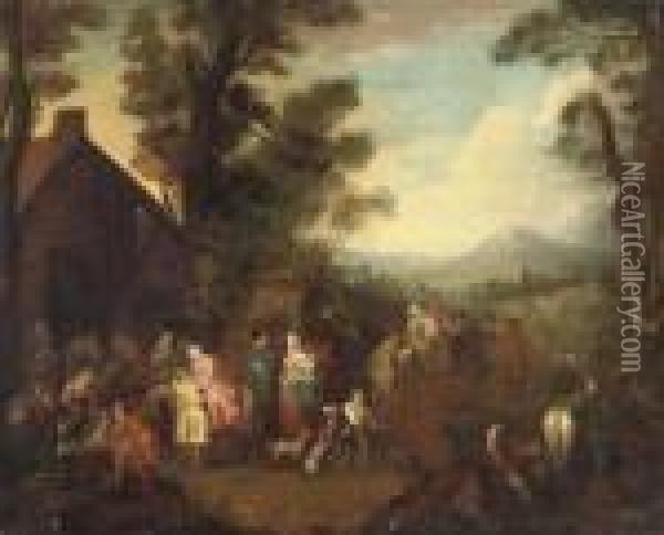 Soldiers, Women And Children Before A Barn, A Mountainous Landscapebeyond Oil Painting - Jean-Baptiste Joseph Pater