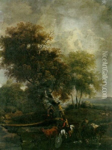 An Extensive Landscape With Travellers And A Shepherd By A Stream Oil Painting - Frederick De Moucheron