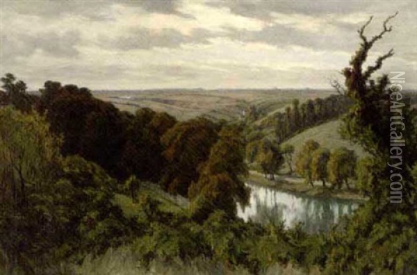 A River Through Wooded Pasture Oil Painting - Andre Eugene Dauchez