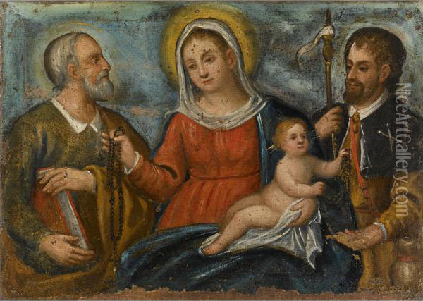 Madonna Del Rosario Col Bambino, San Rocco E Un Altro Santo Oil Painting - Francesco Rizzo Da Santacroce