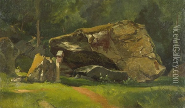 Waldige Landschaft Mit Findling Und Marterl Oil Painting - Friedrich Johann C.E. Preller the Elder