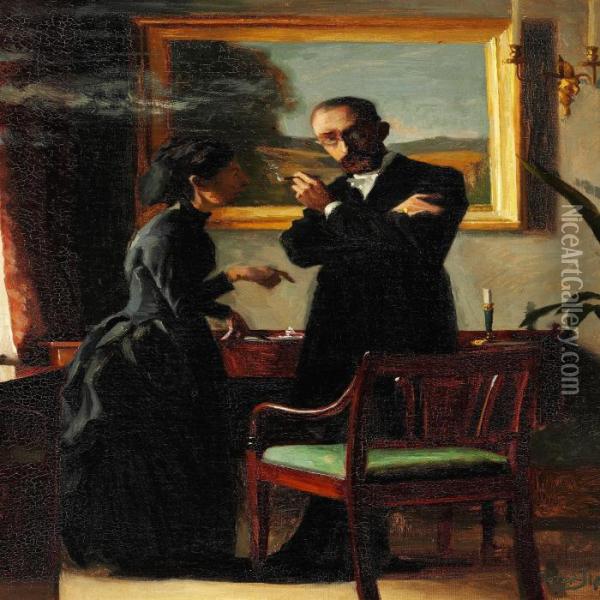 Interior With A Couple, The Man Is Smoking A Cigar While Listening To His Wife Oil Painting - Peder Vilhelm Ilsted
