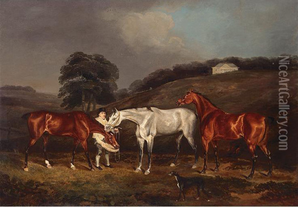 Three Hunters In The Grounds Of A Country House Oil Painting - Charles Branscombe