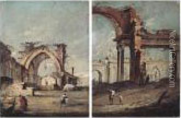 An Architectural Capriccio With Two Figures Before Classical Ruins Oil Painting - Francesco Guardi