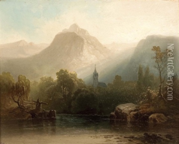 Flusslandschaft Mit Blick Auf Kirche Im Abendlicht Oil Painting - Anton Schiffer