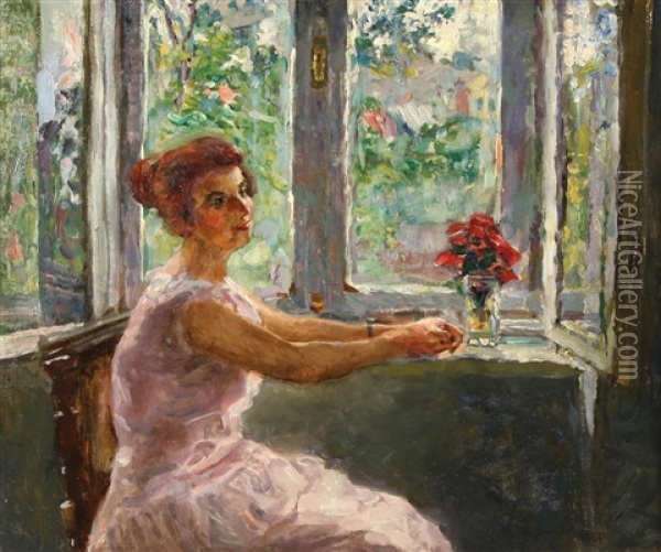 Portrait Of A Woman By A Window Oil Painting - Nikolai Dmitrievich Kuznetsov