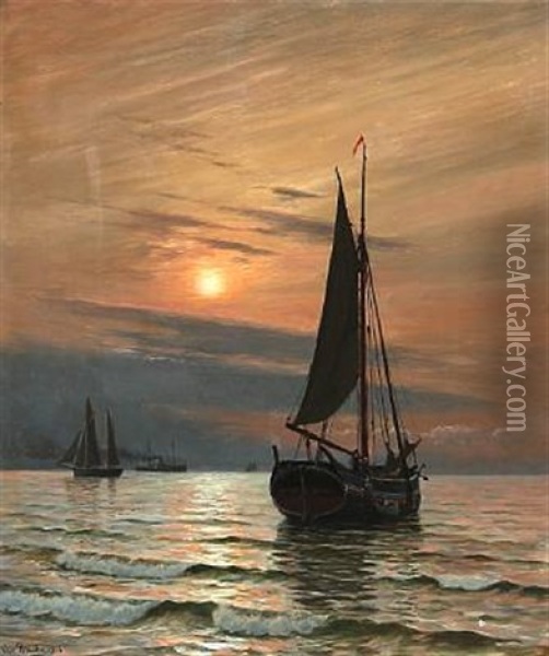 Early Morning At Sea With Sailing Ships And Fishing Boats Oil Painting - Christian Blache