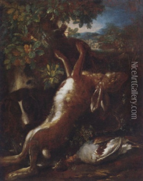 A Dead Hare And Gamebird With A Dog In A Wooded Clearing Oil Painting - Jan Fyt