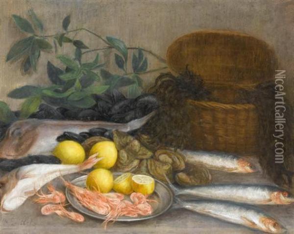 Still Life With Fish, 
Shrimps And Lemons Oil Painting - Edward Frank Gillett