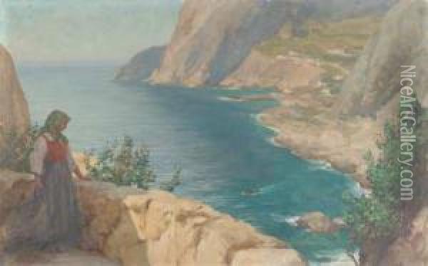 Junge Bauerin Blickt Uber Die Kuste Von Capri Oil Painting - Wilhelm Wunderwald