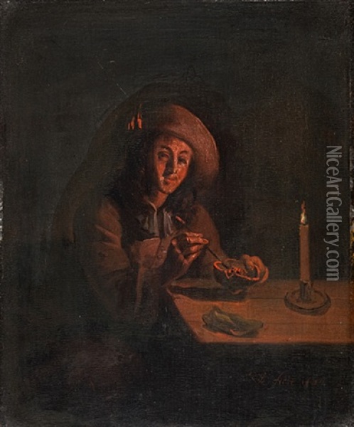 Bildnis Eines Mannes Mit Schlapphut, Eine Schale Mit Glut In Handen Haltend Oil Painting - Pieter Cornelisz van Slingeland