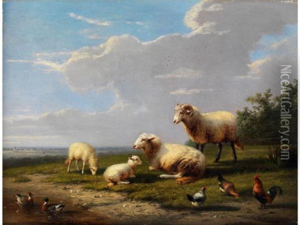 Weite Fruhlingslandschaft Mit Schaffamilie Sowie Huhnern Und Enten Oil Painting - Franz van Severdonck