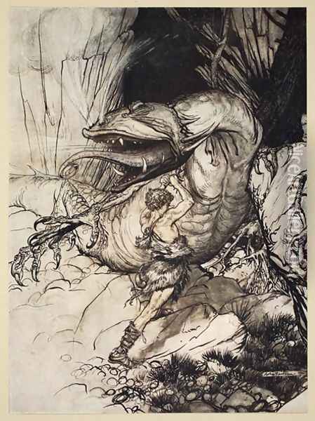 Siegfried kills Fafner, illustration from Siegfried and the Twilight of the Gods, 1924 Oil Painting - Arthur Rackham