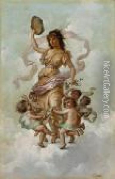 The Muse Of Music With Dancing Putti Oil Painting - Virgilio Tojetti