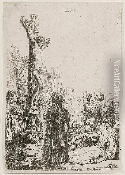 The Crucifixion: Small Plate Oil Painting - Rembrandt Van Rijn