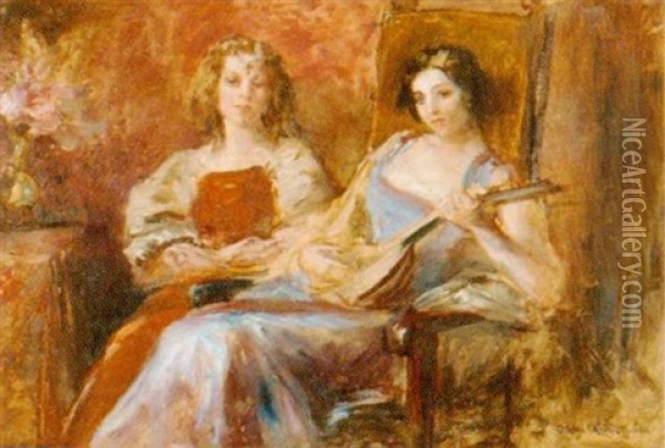Zwei Elegante Damen Im Salon Oil Painting - Otolia Kraszewska