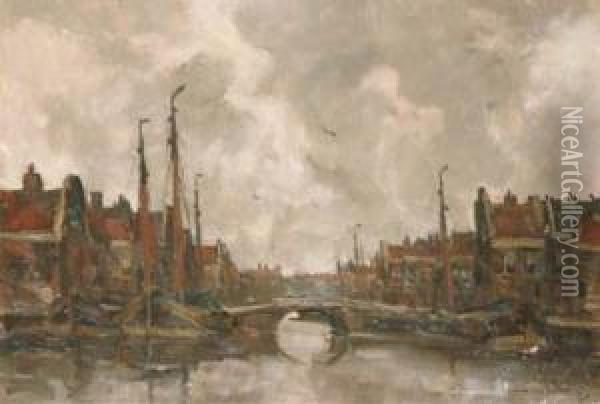 View Of A Dutch Harbour Oil Painting - Kees Van Waning