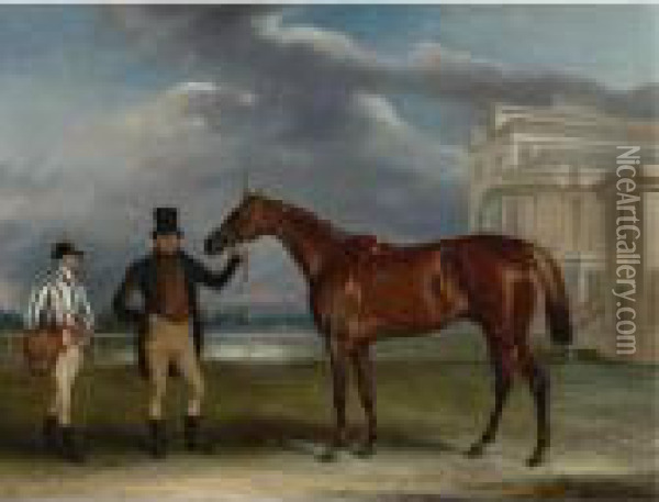 Sir J. Boswell's General Chasse With Trainer And Jockey Holmes At Aintree Racecourse Oil Painting - John Snr Ferneley