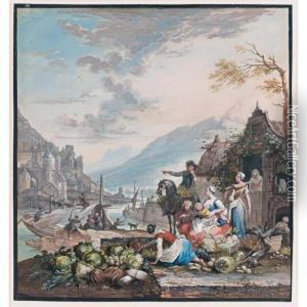 A Market Scene With Figures By A Quayside And A Mountainous River Landscape Behind Oil Painting - Willem Troost