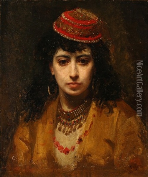A Greek Woman Wearing A Traditional Folk Costume Oil Painting - Theodore Jacques Ralli