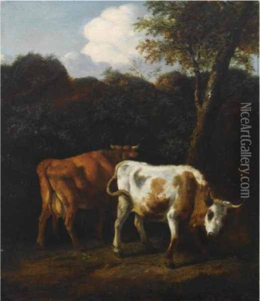 Cows In A Landscape Oil Painting - Adrian Van De Velde