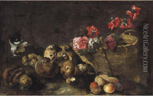 Still Life With Mushrooms, Fruit, A Basket Of Flowers And Acat Oil Painting - Simone Del Tintore
