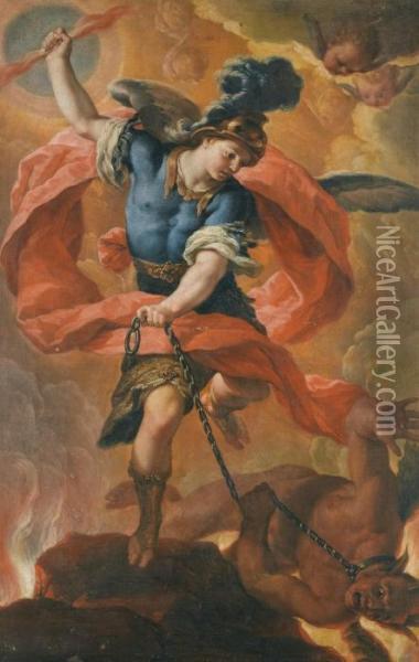 The Archangel Michael Defeating The Devil Oil Painting - Acisclo Antonio Palomino Y De Castro