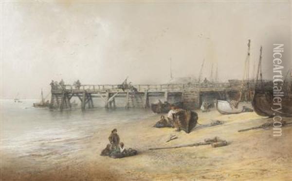 Figures And Boats On Yarmouth Beach, The Jetty Beyond Oil Painting - Edward Robert Smythe